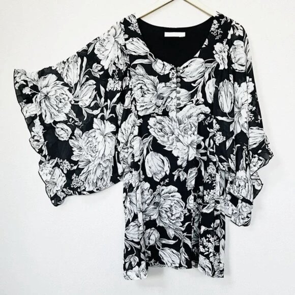 MINKPINK Women's Black Floral V Neck Flutter Kimono Ruffle Sleeves Mini Dress 10 - Picture 2 of 14